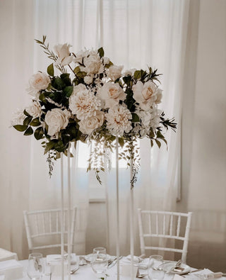 Modern-artificial-flowers-florist-Christchurch-wedding-centrepiece-greenery-white