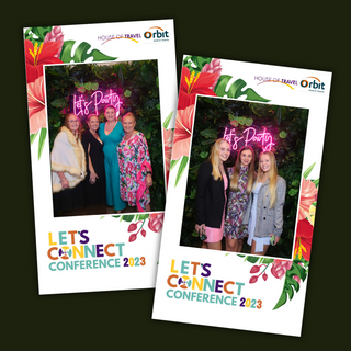 photo booth photo print out template of people posing in front of a tropical greenery wall