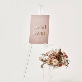 modern clear acrylic easel signage stand holder wedding christchurch new zealand hire