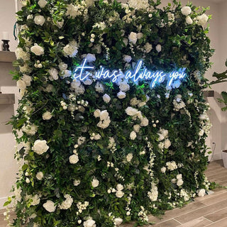 Greenery & White Flower Wall & Neon Sign Options