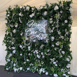Greenery & White Flower Wall & Neon Sign Options